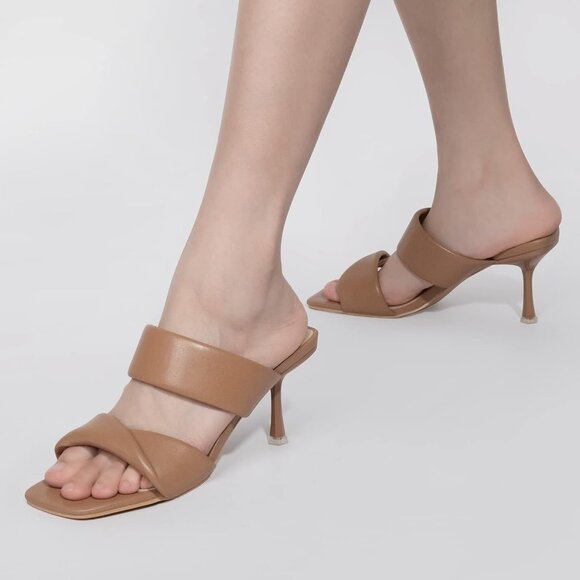 Zelaprox Women's Brown Faux Leather Two Straps Square Open Toe Kitten Heel Shoes - Picture 3 of 6